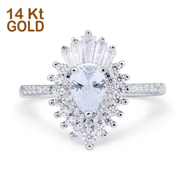 14K White Gold Pear Engagement Ring Baguette Simulated Cubic Zirconia Size-7